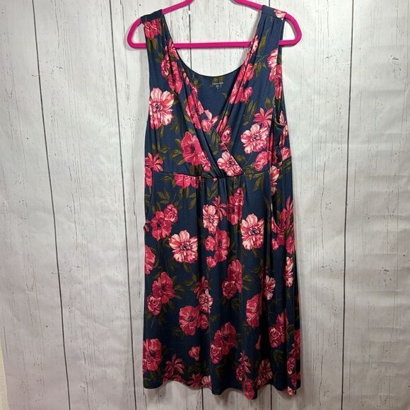 Garnet Hill Navy Pink Floral Sleeveless Dress XL Cottagecore Romantic Pockets - Picture 6 of 12